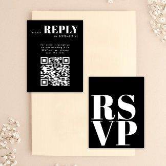 結婚式QRコード付スタイリッシュ黒白RSVPカード 出欠カード