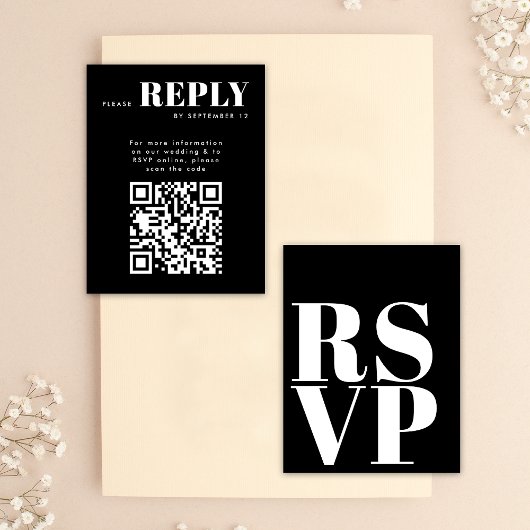 結婚式QRコード付スタイリッシュ黒白RSVPカード 出欠カード