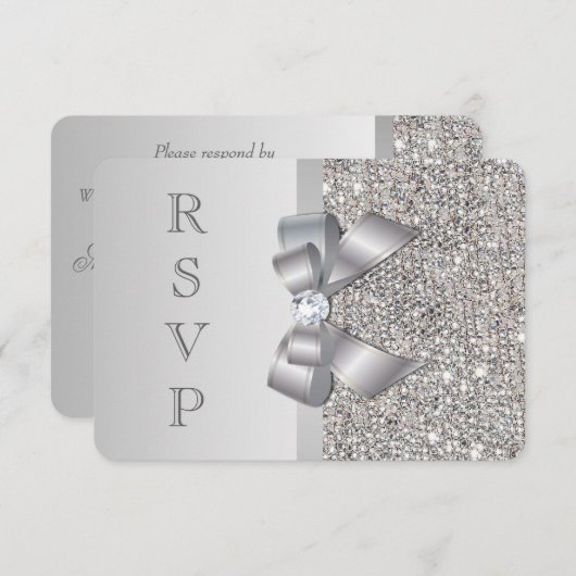 結婚式RSVPのフェイクな銀製のスパンコールの弓 出欠カード (正面/裏面)