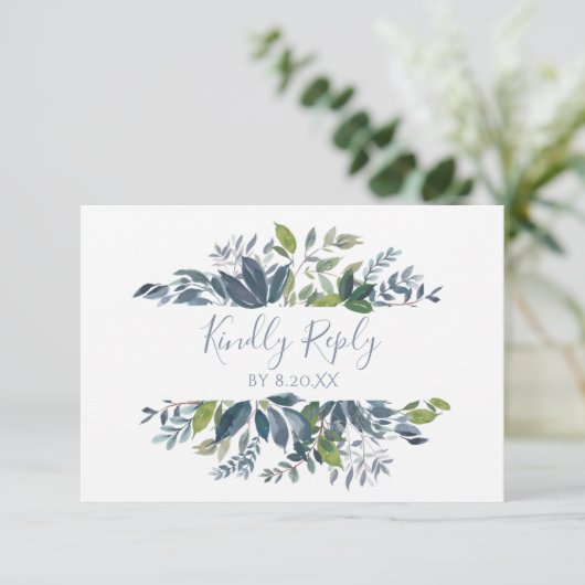結婚式RSVPの応答カード緑の草木-挨りだらけの青 出欠カード (スタンド正面)