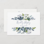 結婚式RSVPの応答カード緑の草木-挨りだらけの青 出欠カード (正面/裏面)
