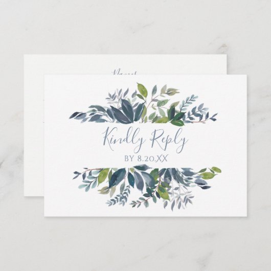 結婚式RSVPの応答カード緑の草木-挨りだらけの青 出欠カード (正面/裏面)