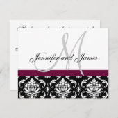 結婚式RSVPカードワインのダマスク織のモノグラム及び名前 出欠カード (正面/裏面)