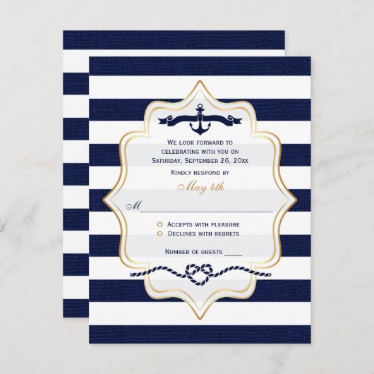 結婚式RSVPカード|海軍、白くフェイクなバーラップのストライプ 出欠カード (正面/裏面)