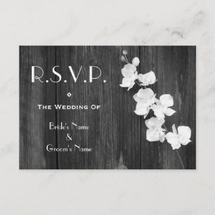 結婚式RSVPカード-黒く及び白い蘭Barnwood 出欠カード
