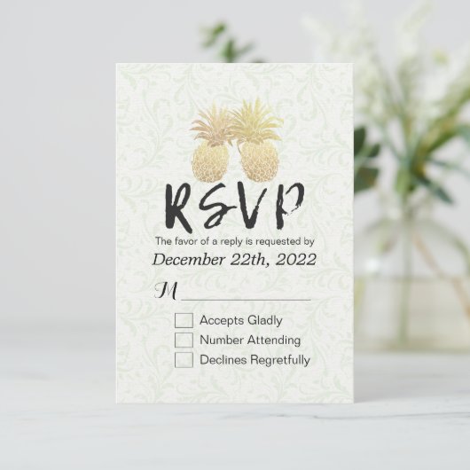 結婚式RSVP返信ヴィンテージ金ゴールドPineapple Coule 出欠カード (スタンド正面)