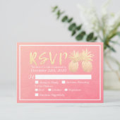 結婚式RSVP返信金ゴールドパイナップルカップルピンクのバラ 出欠カード (スタンド正面)