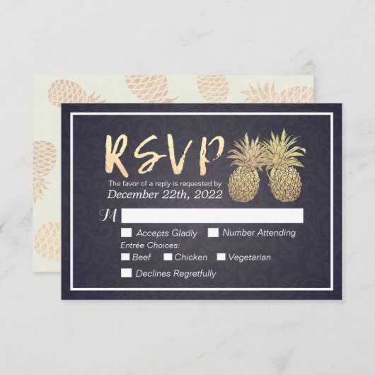 結婚式RSVP返信金ゴールドパイナップルカップル海軍ブルー 出欠カード (正面/裏面)