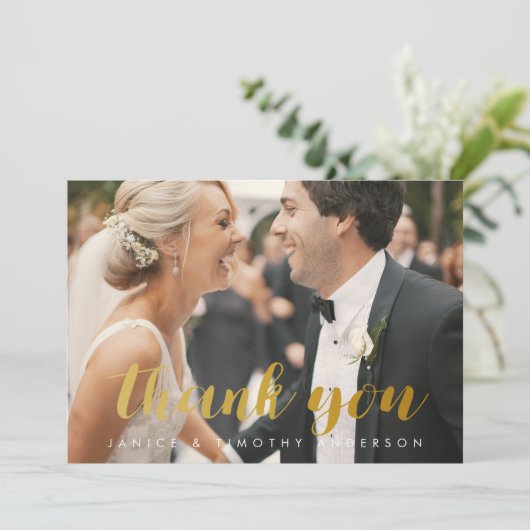 結婚感謝してい You Breade Grooming Photo金ゴールドフォフェイクイル サンキューカード (スタンド正面)