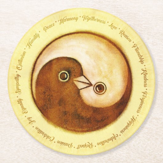 結婚披露宴のコースター。 金ゴールドのYinYangの鳩 ラウンドペーパーコースター (正面)