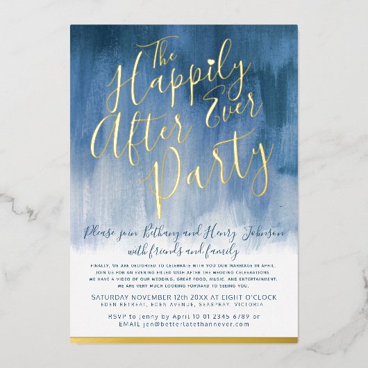 結婚披露宴の後ずっとフォイル青い抽象芸術アート 箔招待状 (正面)