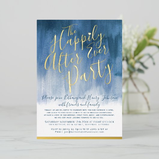 結婚披露宴の後ずっとフォイル青い抽象芸術アート 箔招待状 (立ち正面)