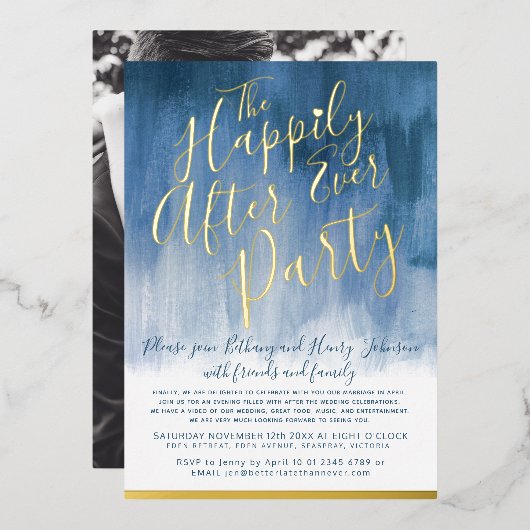 結婚披露宴の後ずっとフォイル青い抽象芸術アート 箔招待状 (正面/裏面)