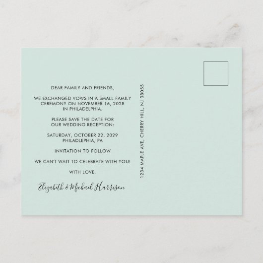 結婚披露宴の後ずっと幸せにデートを保存 案内ポストカード (裏面)