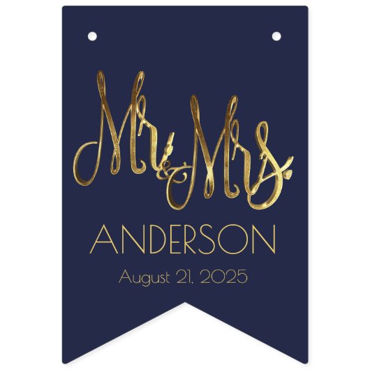 結婚披露宴の旗布の濃紺およびのどの金ゴールドホイル バンティングフラッグ (第3の旗)