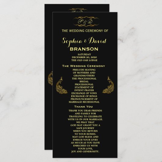 結婚招待状 | 金ゴールド孔雀プログカスタムラム プログラム (正面/裏面)