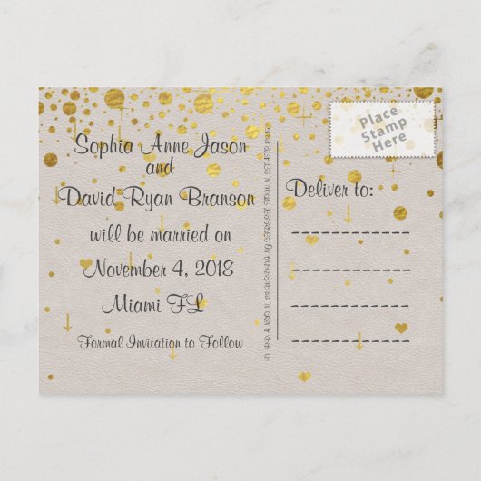 結婚招待状 |金ゴールド紙吹雪日付の保存 案内ポストカード (裏面)