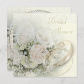 結婚指輪、バラ、鳩及びレースのブライダルシャワー 招待状 (正面/裏面)