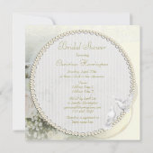 結婚指輪、バラ、鳩及びレースのブライダルシャワー 招待状 (裏面)