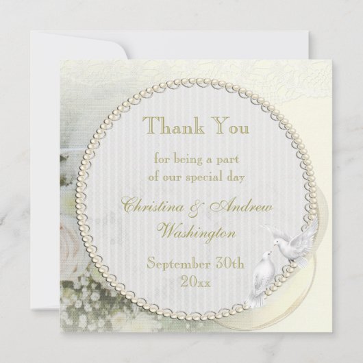 結婚指輪、バラ、鳩及びレースは感謝していしています サンキューカード (裏面)