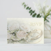 結婚指輪、バラ、鳩及びレースRSVP 出欠カード (スタンド正面)