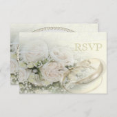 結婚指輪、バラ、鳩及びレースRSVP 出欠カード (正面/裏面)