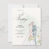 結婚新郎新婦の水彩画 招待状 (正面)