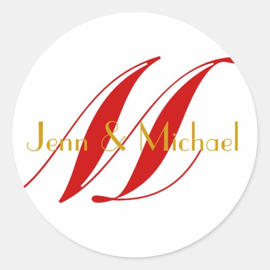 結婚新郎新婦モノグラムレッド&金ゴールドシール ラウンドシール (正面)