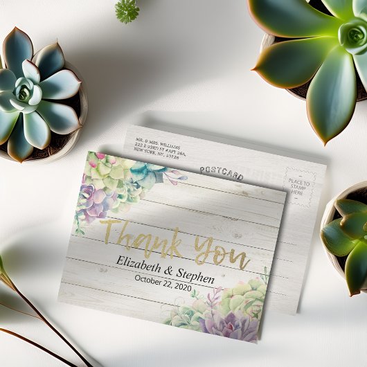 結婚木材の多肉植物に感謝素朴 ポストカード