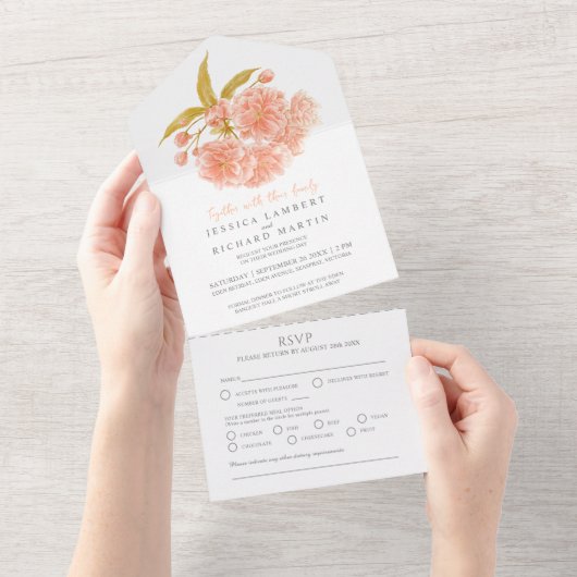 結婚桃の花の水色の食事RSVP オールインワン招待状 (貼ってはがせる)