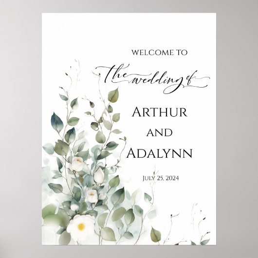 結婚歓迎の兆エレガント緑とバラ ポスター (正面)