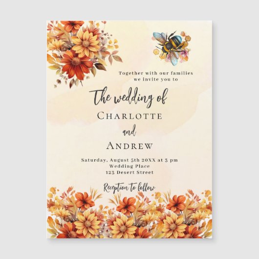 結婚焼けオレンジ秋花模様は贅沢 マグネット招待状 (正面)