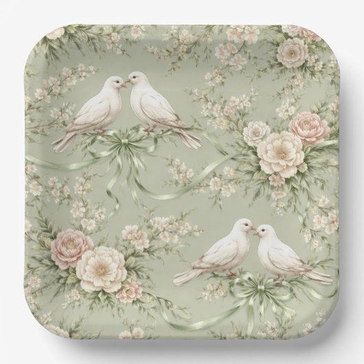 結婚用の鳩とソフトな緑色のリボン ペーパープレート (正面)