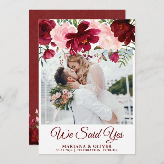 結婚発表 バーガンディ ピンク 花 招待状 (正面/裏面)