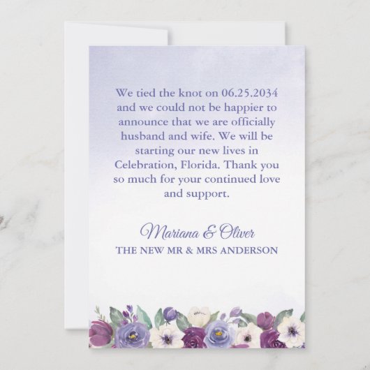 結婚発表 紫 藤色 花 招待状 (裏面)