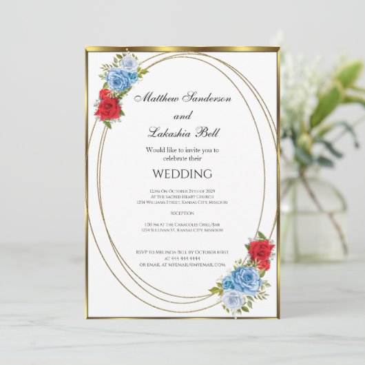 結婚白い青赤い花の金ゴールド 招待状 (スタンド正面)