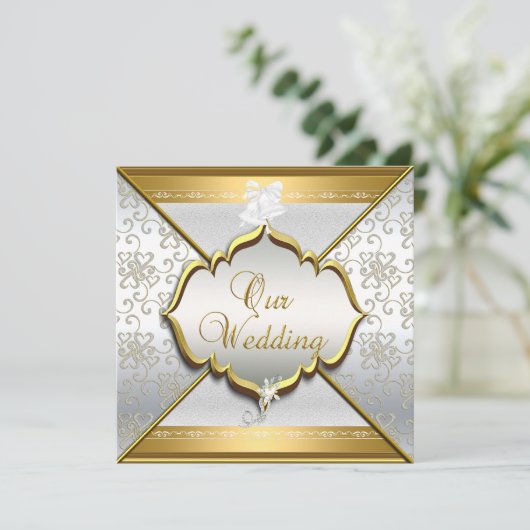 結婚白エレガント銀金ゴールド 招待状 (スタンド正面)