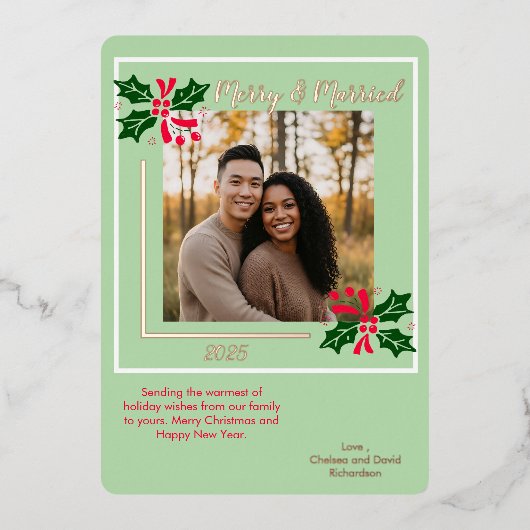 結婚祝いとクリスマス ハッピーホリデーカード 箔シーズンカード (正面)