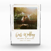 結婚祝いの記念品の金ゴールドの原稿の新婚者 フォトブロック (正面)