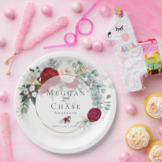 結婚紙プレート | 赤鮮やか牡丹ブーケ ペーパープレート (パーティー)