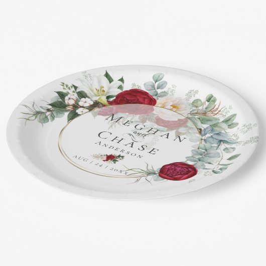 結婚紙プレート | 赤鮮やか牡丹ブーケ ペーパープレート (アングル)