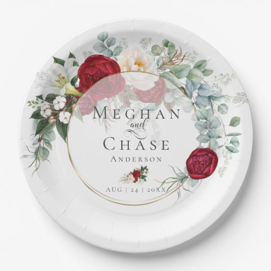 結婚紙プレート | 赤鮮やか牡丹ブーケ ペーパープレート (正面)