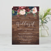 結婚素朴:ブルゴーニュ、海軍、赤面の花 招待状 (スタンド正面)