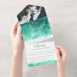 結婚結婚の写真エメラルドグリーンrsvp オールインワン招待状