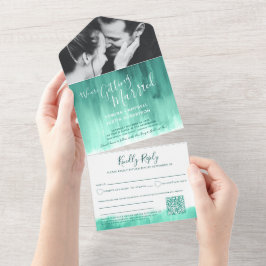 結婚結婚の写真エメラルドrsvp QR オールインワン招待状