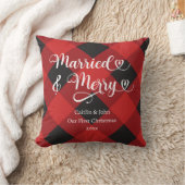 結婚記念の最初のクリスマス 赤いチェックの新婚 クッション (ブランケット)