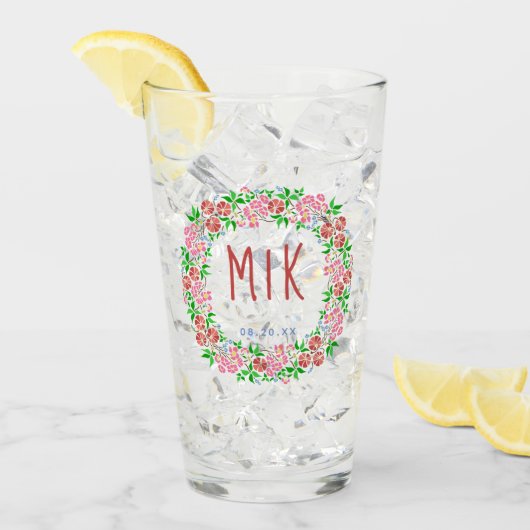 結婚記念モノグラム 素敵な花のリース 結婚日 タンブラーグラス (アイス正面)