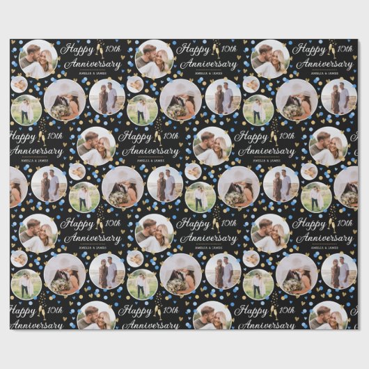 結婚記念写真コラージュエレガントブルー ラッピングペーパー (フラット)