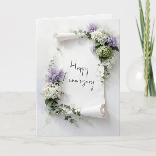 結婚記念日のためのライラックとアジサイの結婚式の巻物 カード (正面)