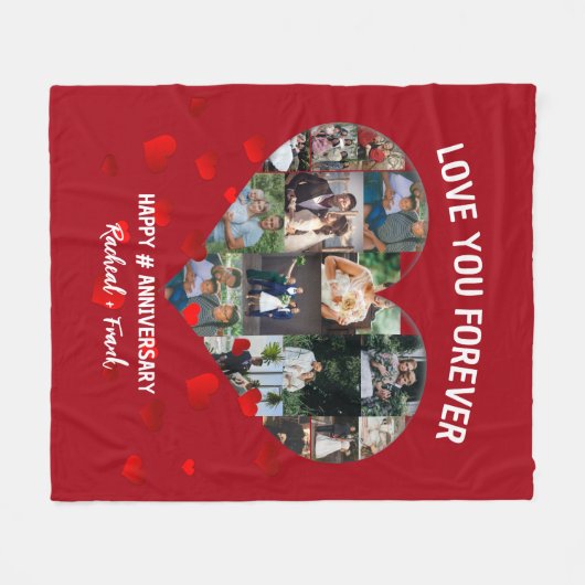 結婚記念日のカスタムハート写真コラージュ フリースブランケット (正面(横))